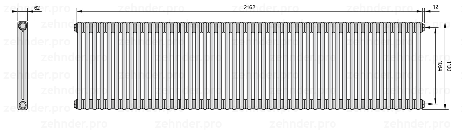 Схема (чертеж) Радиатор Zehnder Charleston 2110/47 №7610 Белый глянцевый RAL 9016